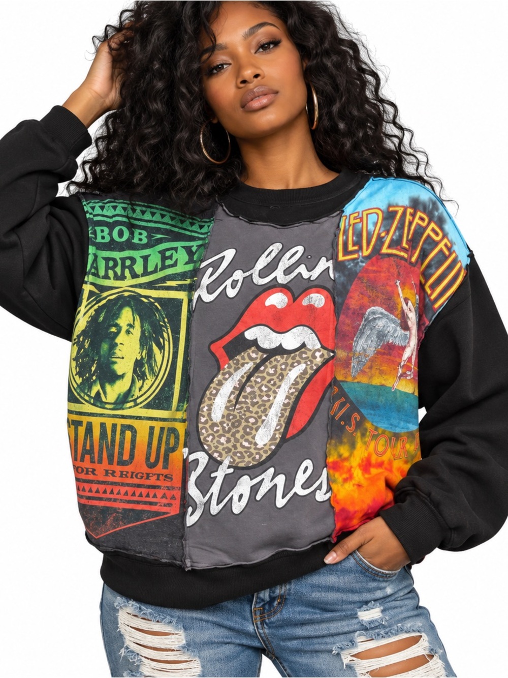 Upcycle custom design Vintage-Inspired Black Graphic Band Patchwork Sweatshirt